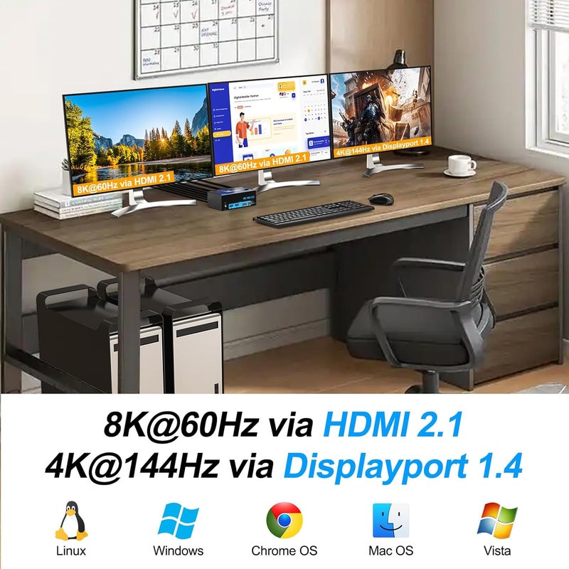 KCEVE 8K KVM Switch 3 Monitors 2 Computers HDMI DP, USB 3.0 KVM Switch Dual Monitor 4K@144Hz 8K@60Hz for 2 Computer Share Keyboard Mouse, with Power Adapter and Wired Remote - Image 5